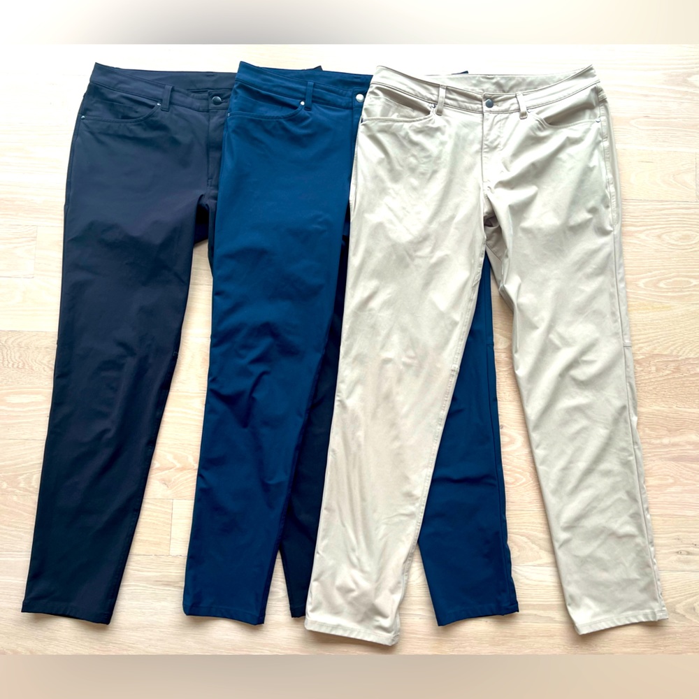 3 pair Lulemon ABC Slim-Fit 5 Pocket Pant 32" inseam 
Warpstreme size 34
